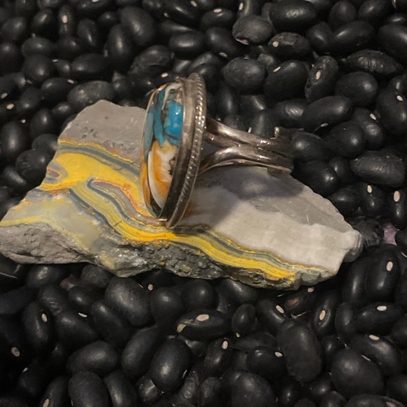 Sterling Silver Native American Sw Orange Spiny Turquoise Mix Heart Ring Adjust - Picture 4 of 9